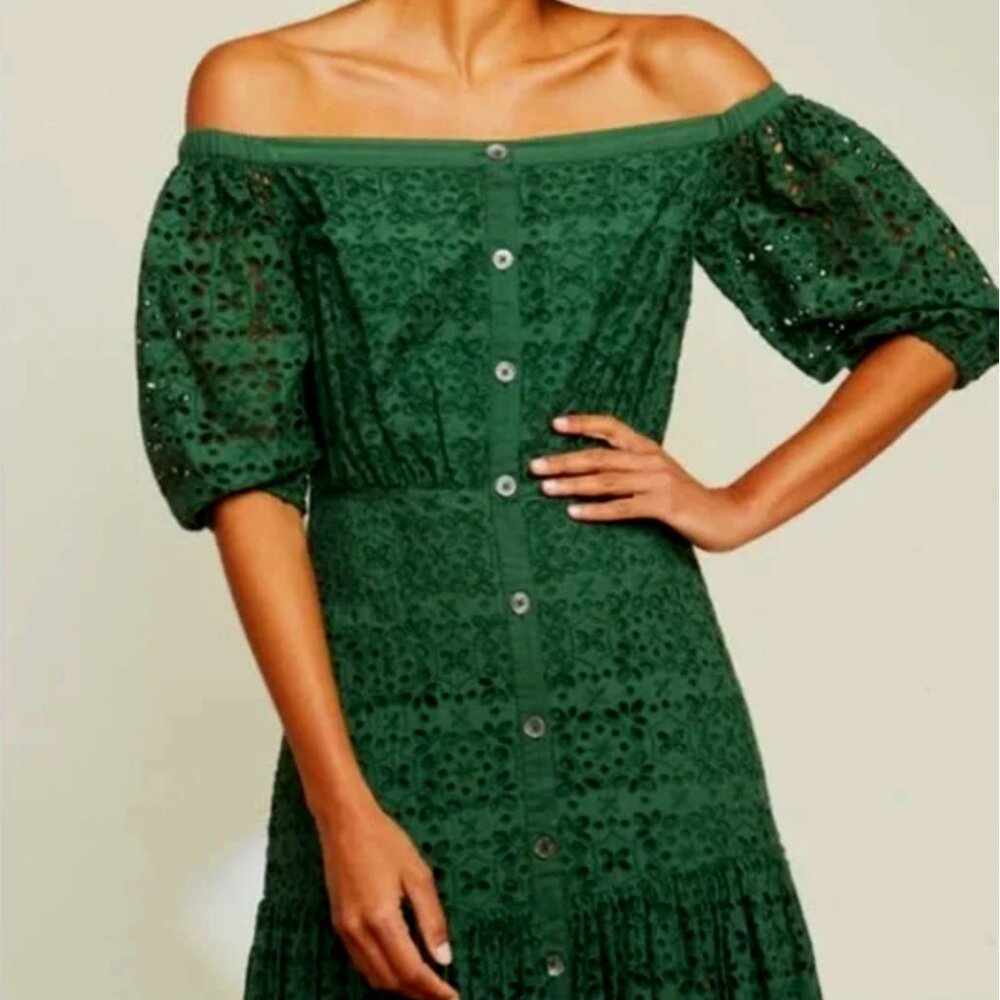 Veronica Beard Green Cali Eyelet Off the Shoulder Cotton Dress